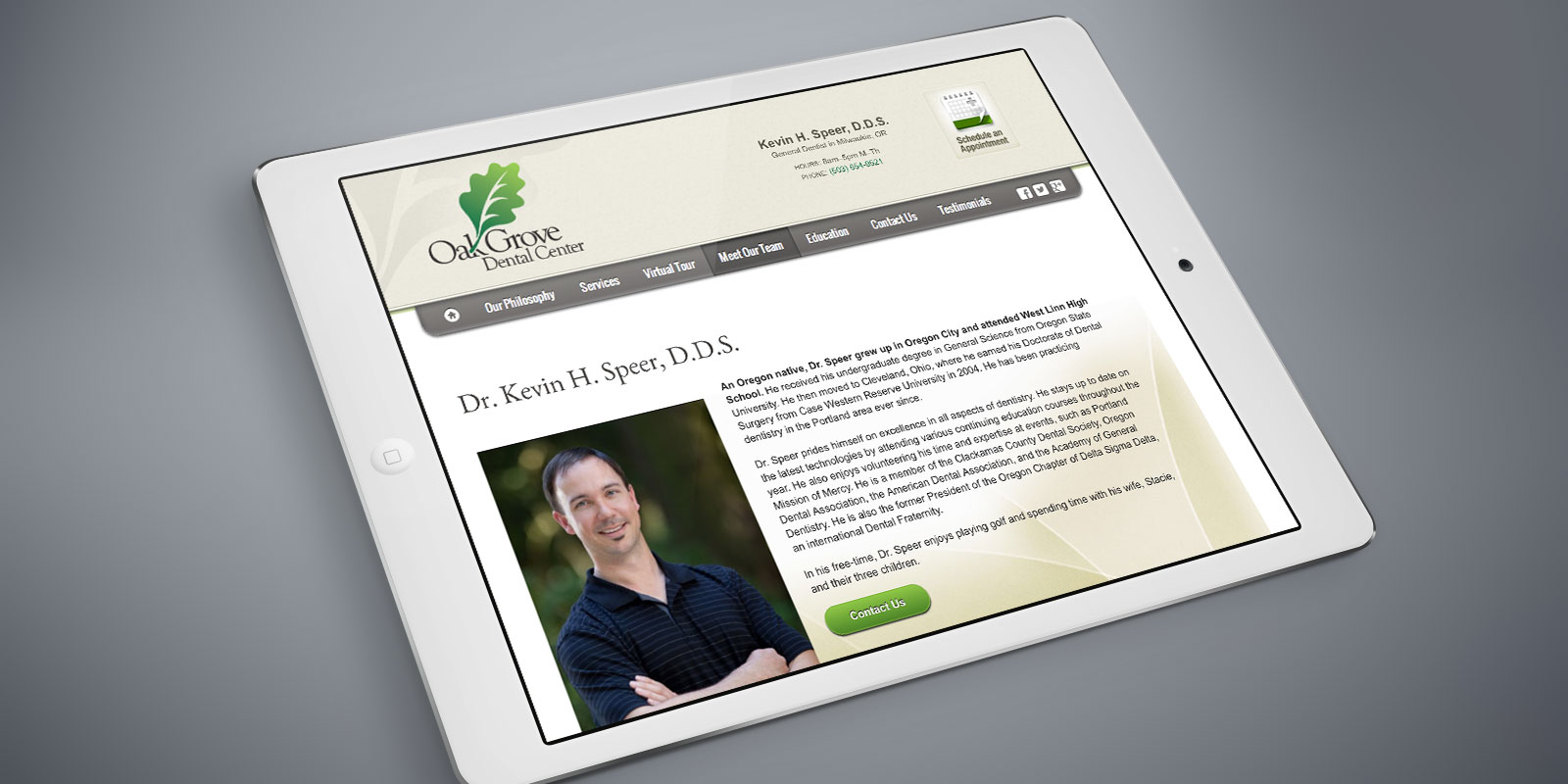 Oak Grove Dental Center website on a tablet